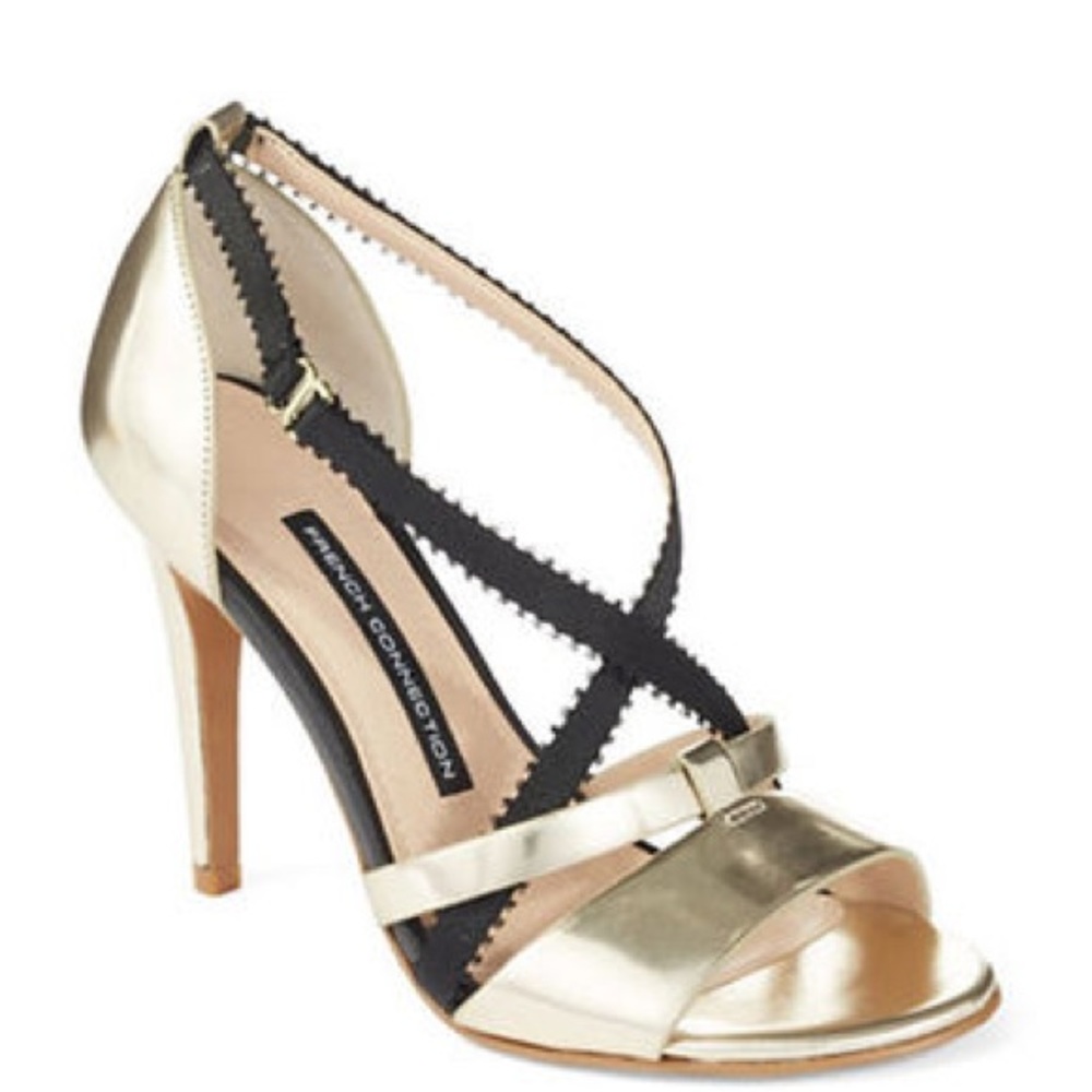 French Connection gold black strappy heel Nava